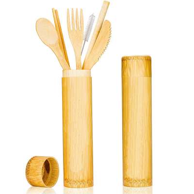 Wholesale hot selling eco friendly adults kids wooden travel natural bamboo knife fork spoon cutlery set with bag case