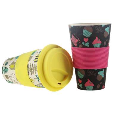 Eco biodegradable 15oz reusable Bamboo travel mug coffee cup with silicone lid and sleeve dishwasher safe