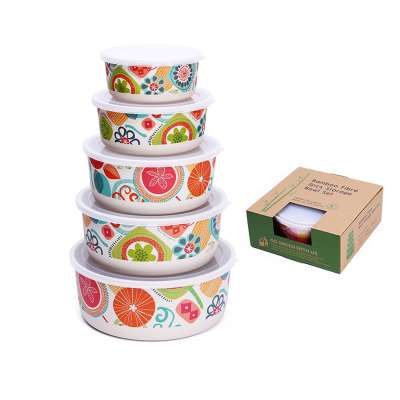 5 tier biodegradable Kitchen eco hot lockable round food container leak proof bamboo storage box set with lid